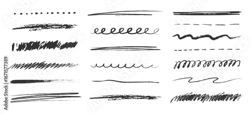 Crayon underline set, pencil wavy and straight chalk kid free hand brush texture. Scribble grunge border simple thin and thick lines. Doodle mark.