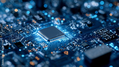 Close Up of Computer Motherboard with Microchip and Circuitry in Blue Lighting