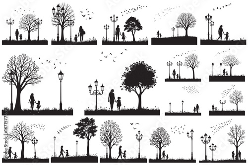 Black silhouettes of families walking under trees and streetlights