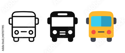 Variety of bus icons in outline, solid, and colorful flat styles