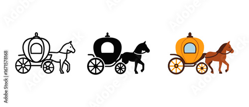Vintage horse carriage set in linear, silhouette, and flat designs for elegant transport themes