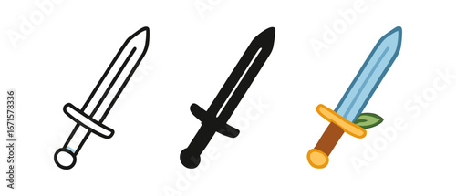 Diverse sword designs: outline, silhouette, and colored cartoon styles