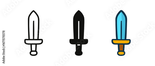 Minimalist sword icons set: outline, silhouette, and colored designs