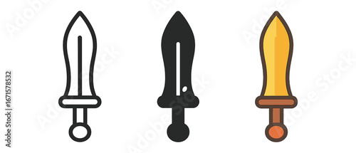 Ancient sword icons in linear, silhouette, and colored styles for design projects