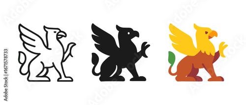 Stylized griffon icons: monochrome and color variations for mythical design