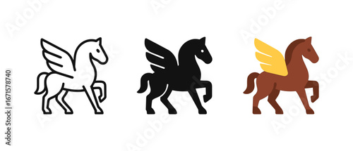 Set of pegasus icons: lineart, silhouette, and colorful styles