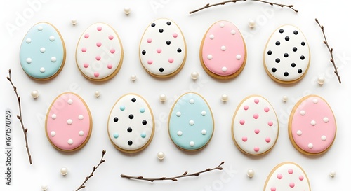Colorful easter egg sugar cookies decorated with sprinkles and icing for spring celebration