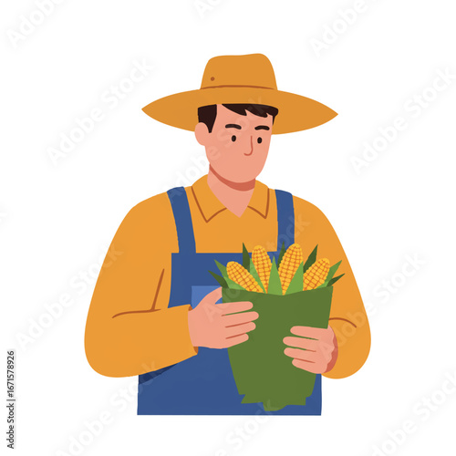 A farmer examining a bushel of corn with a focused expression, rendered in a clean, minimalist 2D flat vector illustration style, isolated on a pristine white background.