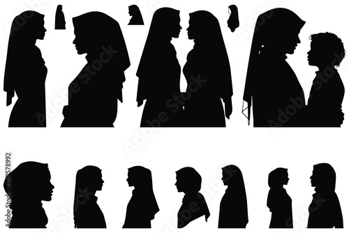Multiple black silhouette profiles of women and a child wearing headscarves