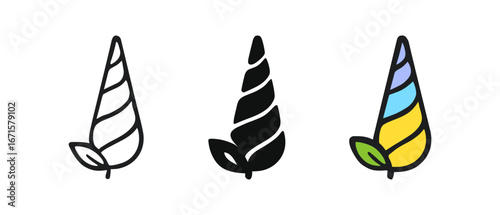 Colorful and minimalist unicorn horn icons with leaf detail