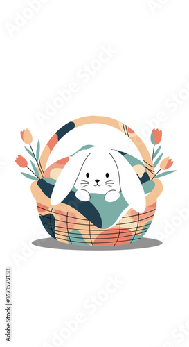 Cute fluffy bunny peeking out of a woven easter basket surrounded by tulips