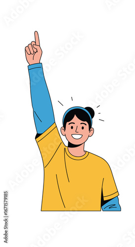 Young person raising finger in a moment of insight or revelation