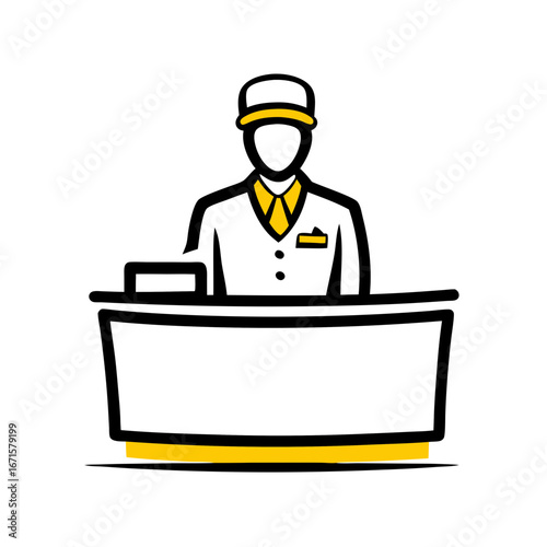 Hotel receptionist standing behind front desk in minimalist style  