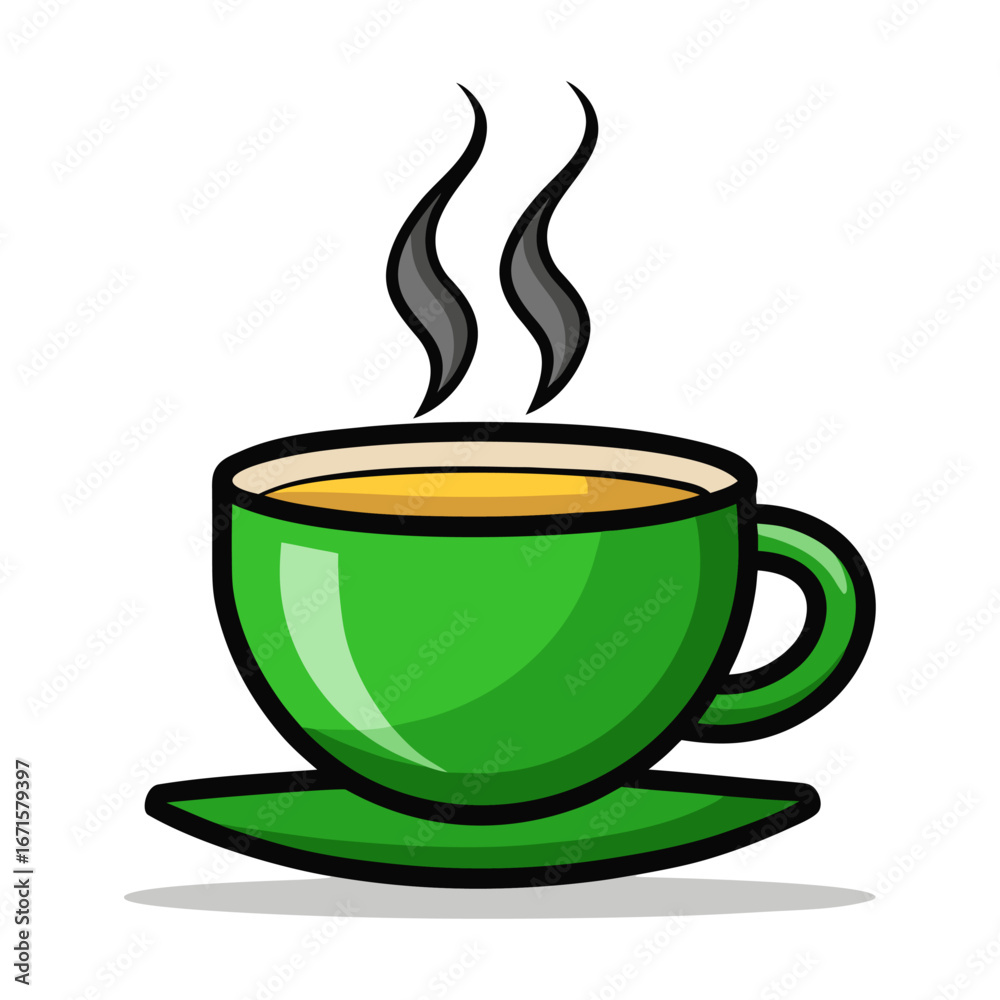Obraz premium Elegant green tea cup with hot steam rising vector illustration, minimalist beverage artwork for relaxation, wellness, café, and tea branding