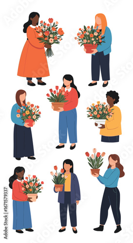 Diverse women holding beautiful spring flower arrangements celebrating nature's beauty and renewal