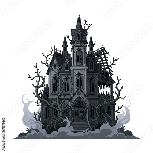Spooky illustration of a haunted house with overgrown vines and ominous fog, isolated on white background