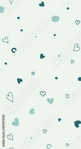 Charming hand drawn hearts and dots pattern on soft pastel background