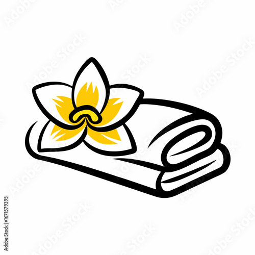 Rolled white towel with yellow orchid flower on top  