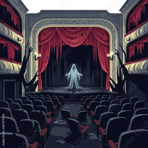 Spooky theater with a ghost on stage, eerie atmosphere and empty seats, illustration