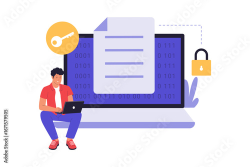 Data Encryption and Privacy Illustration. A Man Protecting Confidential Files and Securing Information from Unauthorized Access through Digital Encryption Methods. Vector Flat Illustration