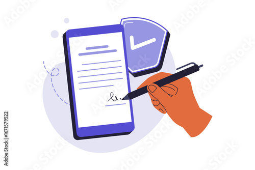 Digital Signature and E-Signature Security Illustration. A Person Signing an Important Document on a Smartphone to Ensure Validity and Data Integrity. Vector Flat Illustration