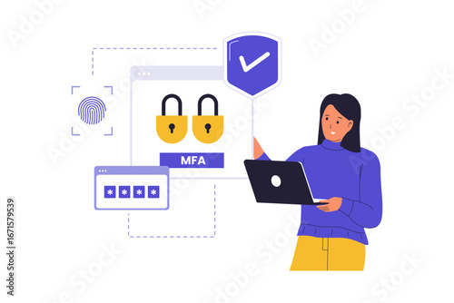 Multi-Factor Authentication Illustration. A Woman Using a Secure Login Process with Two Layers of Security to Protect Her Data and Account Access. Vector Flat Illustration