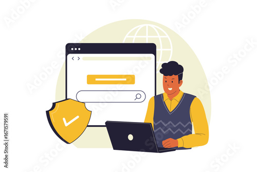 Secure Browsing and Online Safety Illustration. A Man Using a Secure Browser on His Laptop to Protect His Personal Data and Ensure Safe Internet Usage. Vector Flat Illustration