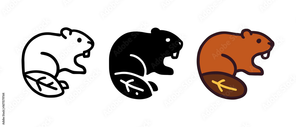 Fototapeta premium Beaver icon set: outline, solid, and color variations
