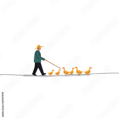 A kind farmer guides a delightful family of ducks walking in an orderly line across a path, illustrated in a clean 2D flat vector style with solid colors and a minimalist aesthetic.