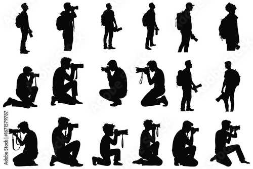 Multiple male photographer silhouettes in various poses