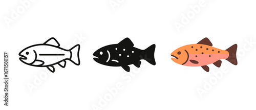 Trio of fish icons in linear, solid, and colorful styles