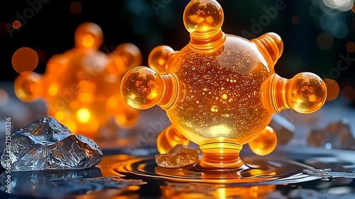 As night turns to day, a captivating transparent molecule growing like expanding hexagons reveals itself in vibrant yellows and oranges on a crystalline background, pulsating with rhythmic