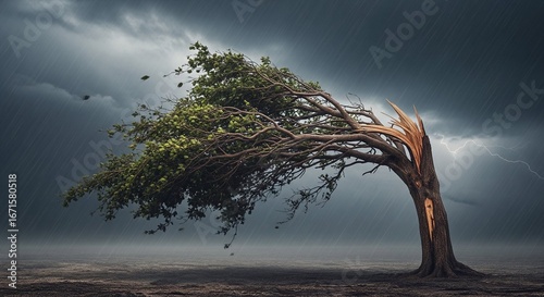 A dramatic image of a tree bending under strong winds during a heavy storm, with rain falling and lightning striking in the dark cloudy sky.