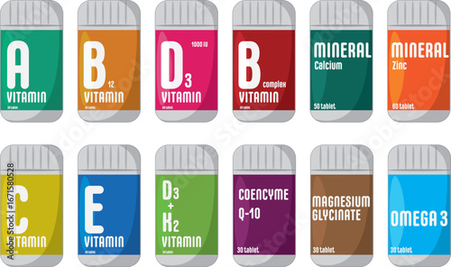 Set of Multi Vitamin supplement and minerals complex in bottle packaging vector flat design. Vitamin A, B, C, D3, E, K, Mg, Ca, Omega. 