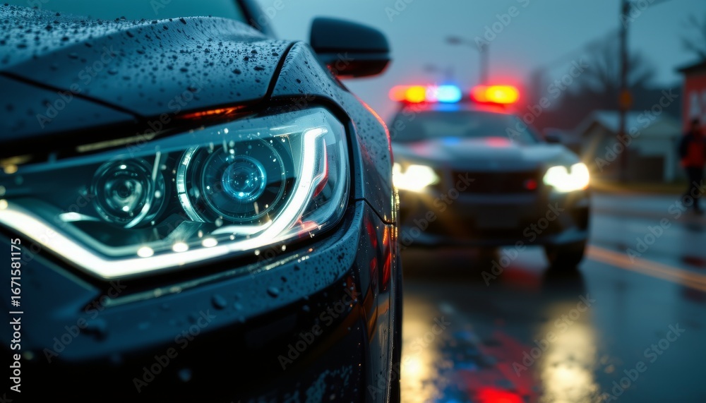 Obraz premium Close up dramatic framing of police car lights at a rainy christmas scene urban environment night view