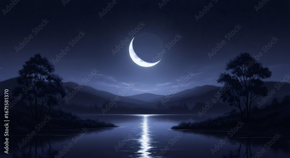 Fototapeta premium Crescent moon over serene lake creating silver path. Tranquil nighttime landscape with starry sky background. Natural calmness for relaxation concept.
