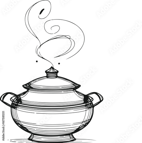 Black and white curry pot line art vector, abstract doodle outline with steam, simple traditional food illustration
