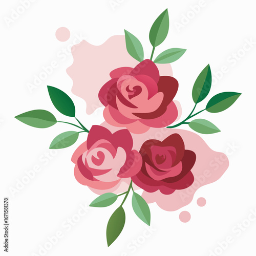 A watercolor painting features a cascade of deep red and pink roses with lush green leaves and delicate buds