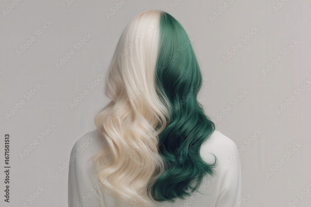 Fototapeta premium A stylishly styled head of hair, featuring a striking two-tone color palette of blonde and deep forest green, against a neutral backdrop.