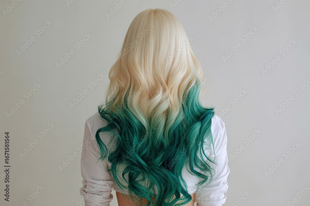 Naklejka premium A woman's back view showcases long, wavy hair with a striking teal ombre, transitioning beautifully from blonde to a deep teal shade.