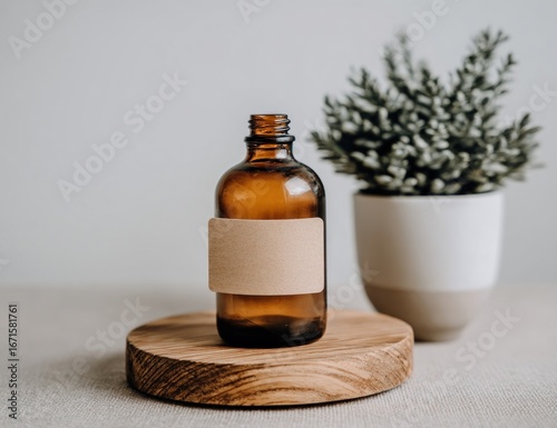 Brown glass bottle on wood stand, next to potted plant. Calm, neutral setting