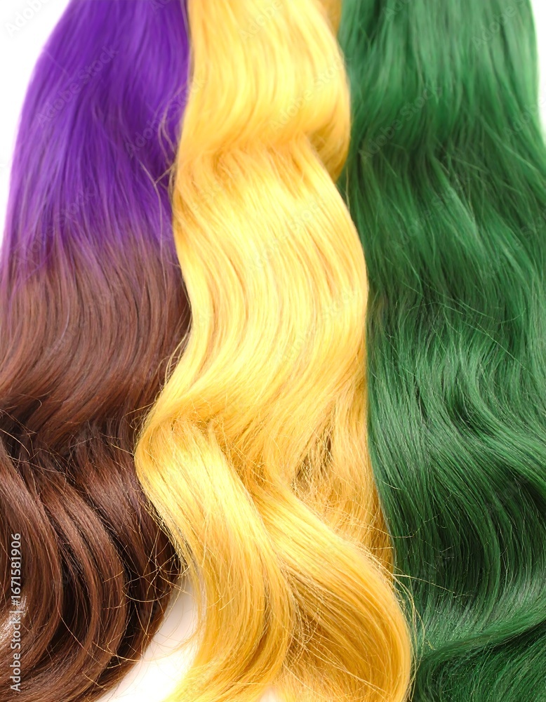 Naklejka premium Vibrant strands of hair showcasing a striking ombre effect with hues of purple, yellow, and green.
