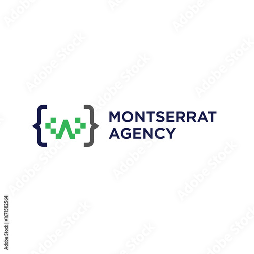 The official logo for Montserrat Agency, featuring a green pixelated letter 'W' icon enclosed within dark blue coding braces.