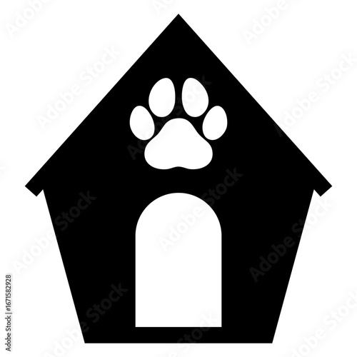 Logo de casa para mascotas. Icono con silueta de huella de pata de gato o perro en casa