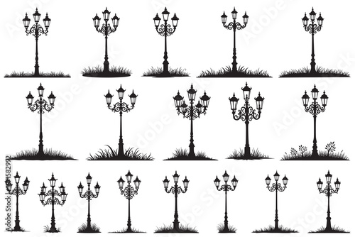 Ornate vintage street lamps with grass silhouettes