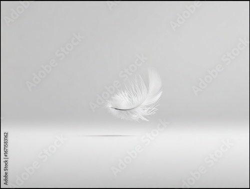 A delicate white feather gracefully falls on a clean, minimalist white background, symbolizing lightness, freedom, and tranquility, with ample white space for text or design.