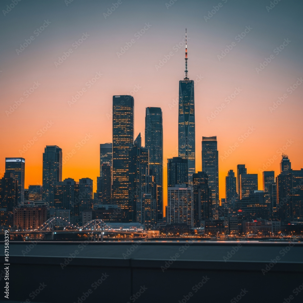 Fototapeta premium Coucher de soleil flamboyant sur une métropole moderne aux gratte-ciel élancés illuminant l’horizon urbain