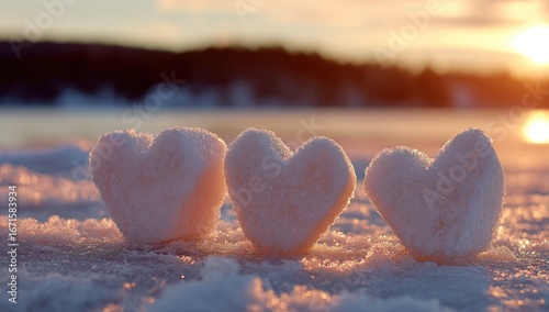 Three snow hearts glisten in sunlight over a wintry landscape, sunset in distance, serene and picturesque