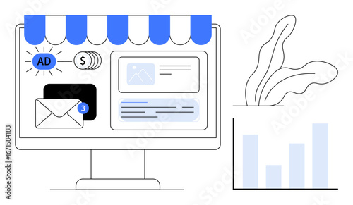 Desktop screen with storefront awning, email alerts, ad visuals, revenue dashboard, and bar chart. Ideal for business, e-commerce, marketing analytics monetization organization strategy. Minimal