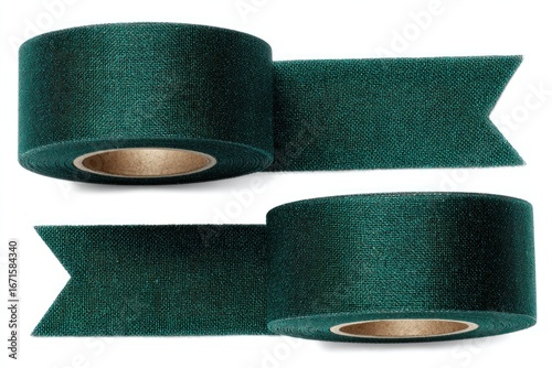 Two dark green ribbon rolls, cut ends, displayed on a white background. Simple yet elegant